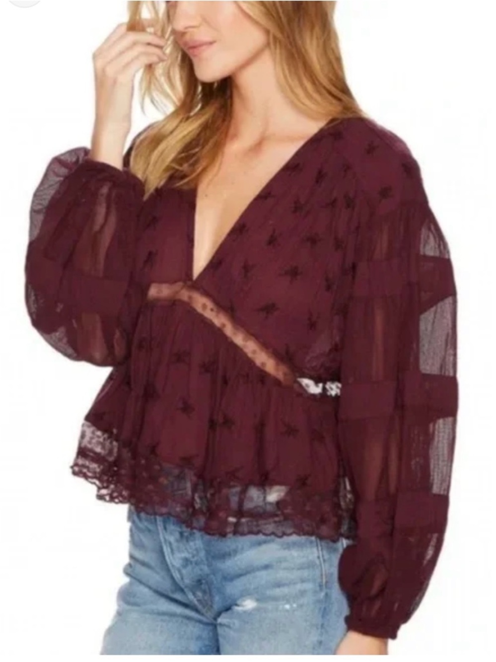 Free People Nostalgic Feels burgundy peasant renaissance blouse top S
